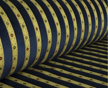 Tkanina Bari Pas granatowa – klasyczna tkanina tapicerska w pasy, plusz z żakardowym złotym wzorem, eleganckie obicie mebli