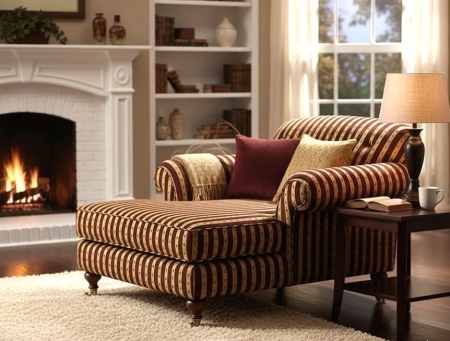 Aranżacja materiału tapicerskiego BARI PASY w eleganckie bordowo-złote pasy. Tkanina o szlachetnym połysku, idealna do renowacji mebli w stylu klasycznym i retro