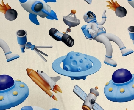 Tkanina obiciowa BAJKA 66 KOSMOS w kolorze błękitno granatowym z motywem rakiet astronautów planet i UFO na jasnym tle.jpg