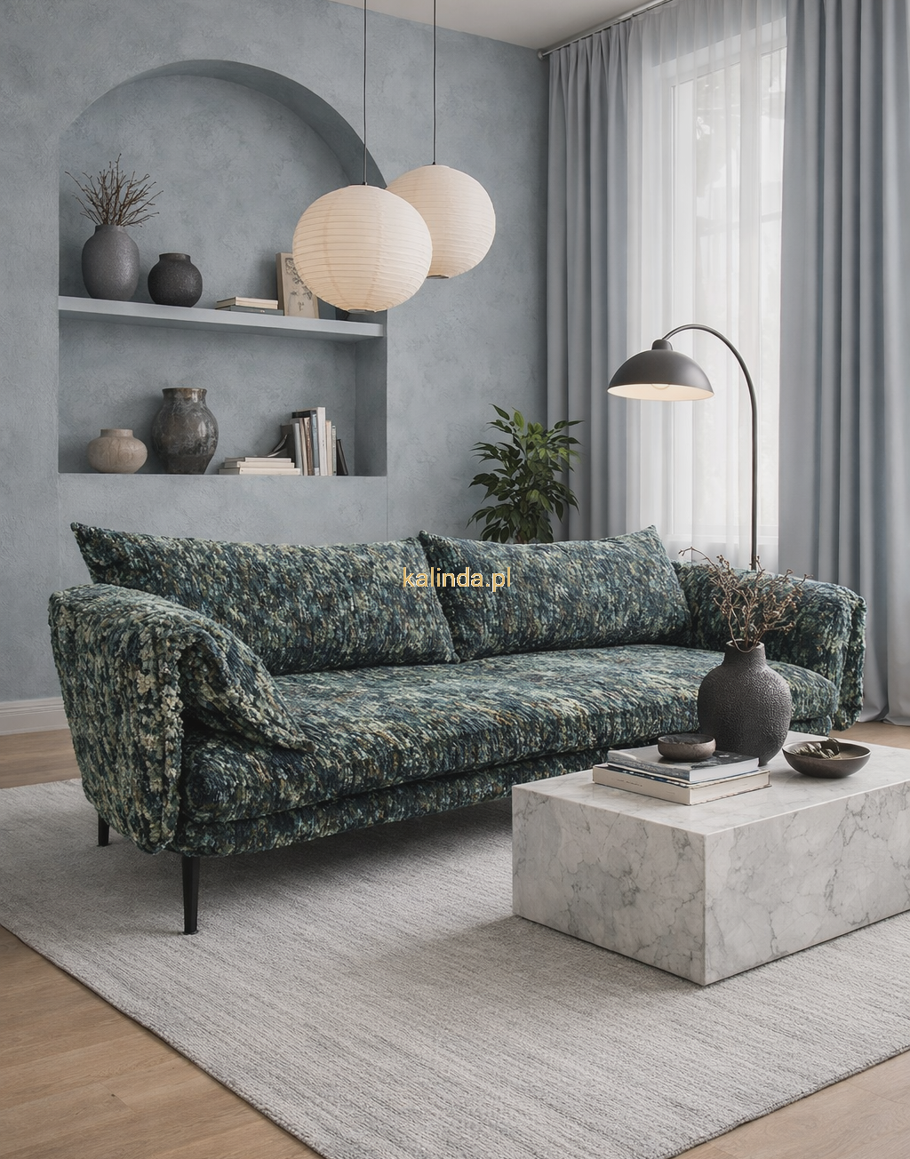 tkanina tapicerska PICASSO 74 w kolorze szaro-oliwkowym o melanżowej biomorficznej strukturze - aranżacja