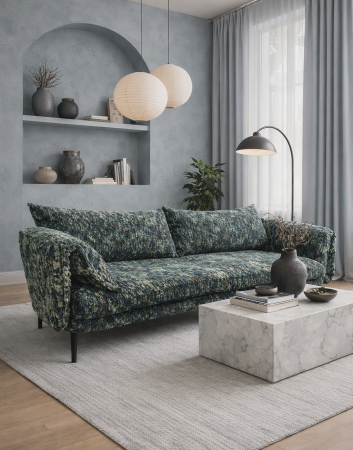 tkanina tapicerska PICASSO 74 w kolorze szaro-oliwkowym o melanżowej biomorficznej strukturze - aranżacja