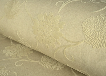 Tkanina Furio 230 Kwiat z flokowanym wzorem roślinnym 3D  wkolorze krem.