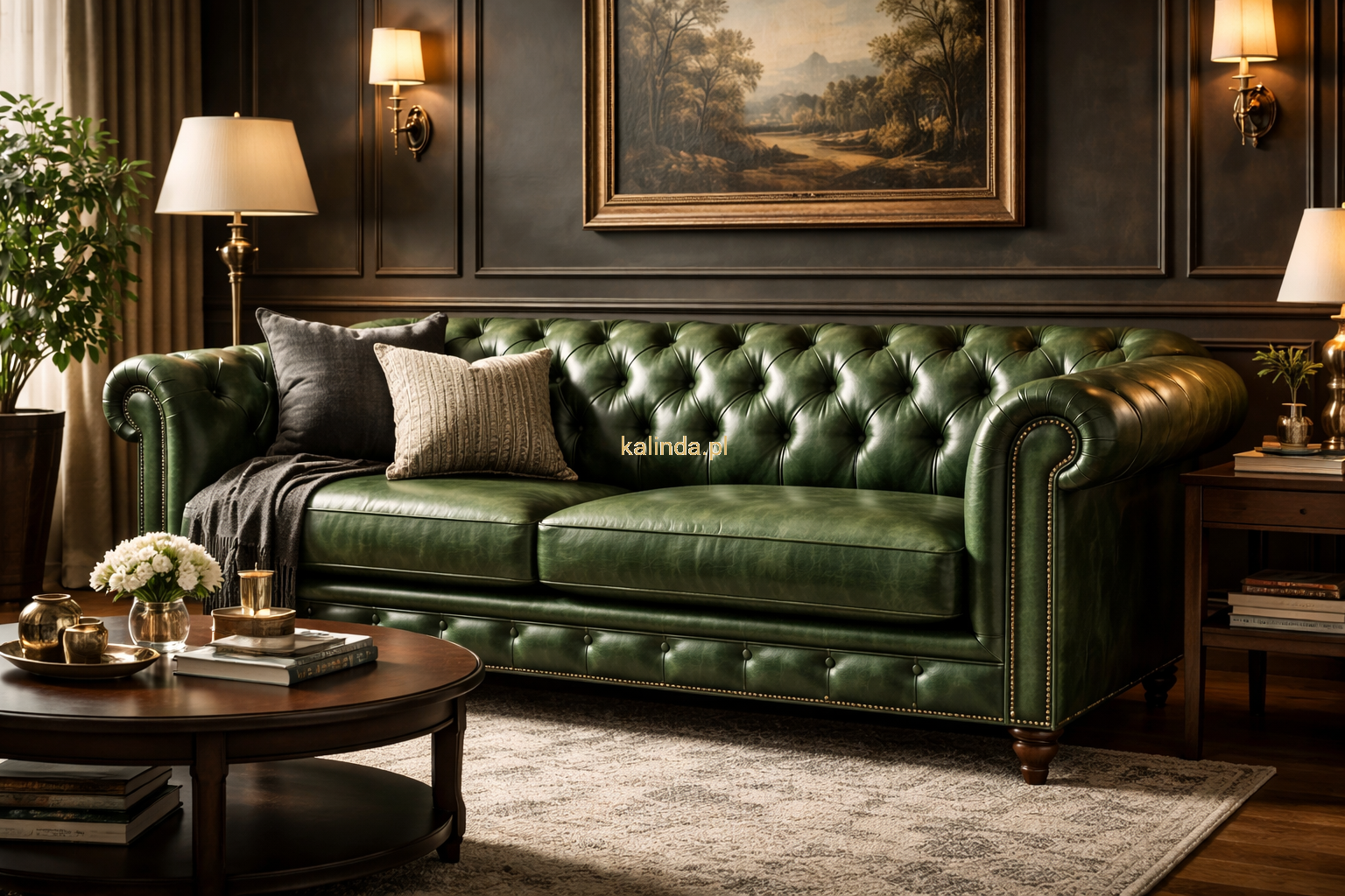 ekskluzywna sofa chesterfield w zielonej skórze DUBAI, luksusowy materiał meblowy w aranżacji klasycznego wnętrza premium