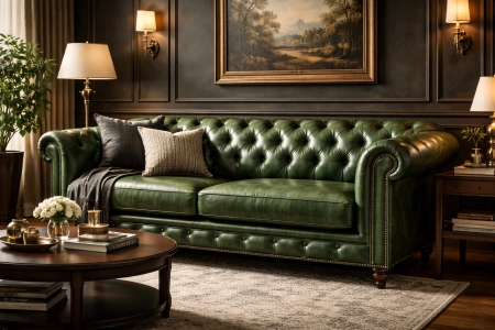 ekskluzywna sofa chesterfield w zielonej skórze DUBAI, luksusowy materiał meblowy w aranżacji klasycznego wnętrza premium