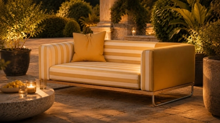 Sofa ogrodowa tapicerowana tkaniną w pasy Valencia Stripes i gładką Valencia, hydrofobowa tkanina outdoorowa na meble tarasowe, balkon i ogród.jpg