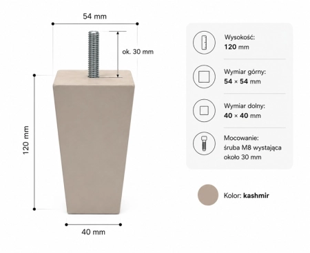 Noga drewniana TRAPEZ L12 kaszmir 120 mm z mocowaniem na śrubę M8 do mebli - wymiarowanie.jpg