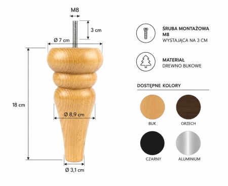 Drewniana noga meblowa OLAF H-18 cm toczona z drewna bukowego - wymiary