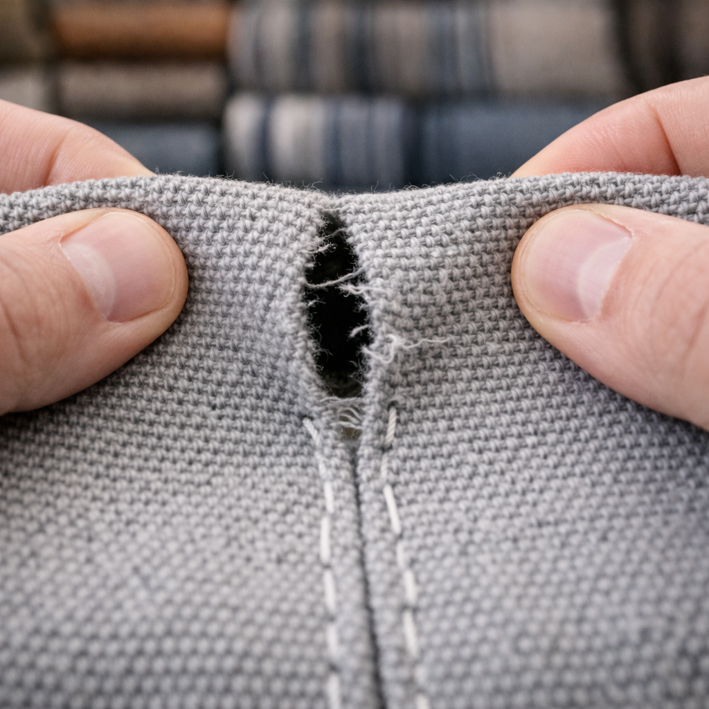 Zbliżenie uszkodzonego szwu tkaniny