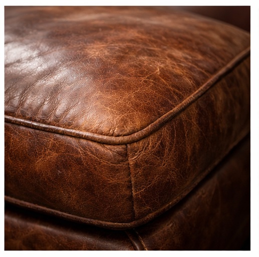 Detal mebla tapicerowanego skórą naturalną – widoczna patyna i przeszycia