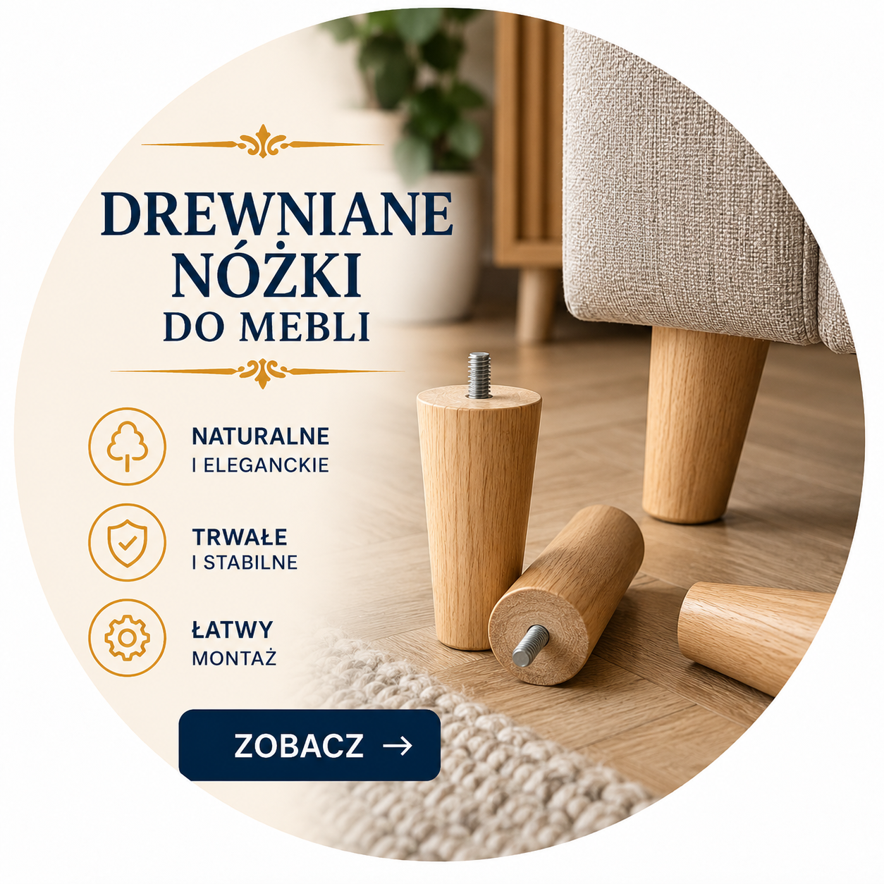 Drewniane nóżki do mebli – naturalne nóżki meblowe do sof, kanap, foteli i szafek, trwałe i łatwe w montażu
