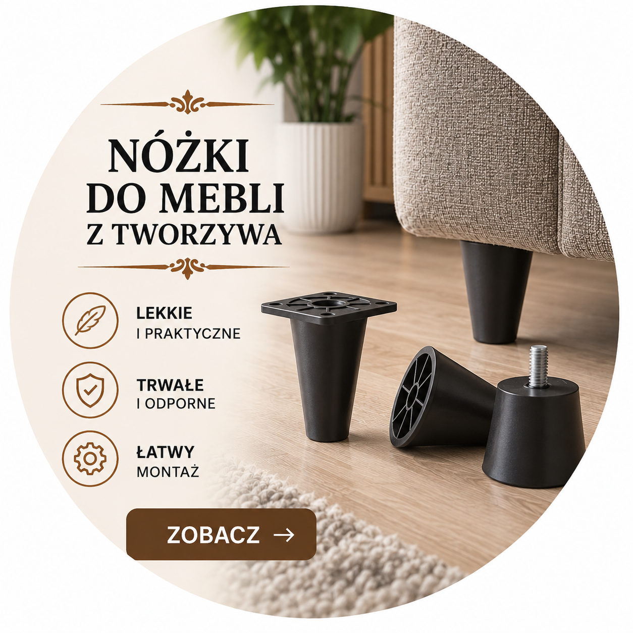 Nóżki do mebli z tworzywa – czarne lekkie i trwałe nóżki meblowe do sof, kanap, foteli i szafek, łatwy montaż