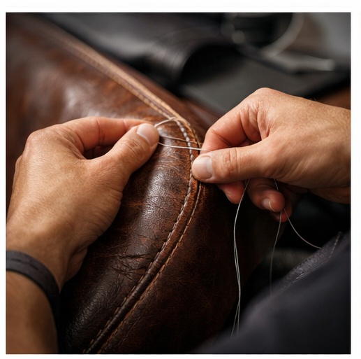 Ręczne szycie skóry meblowej podczas renowacji tapicerki