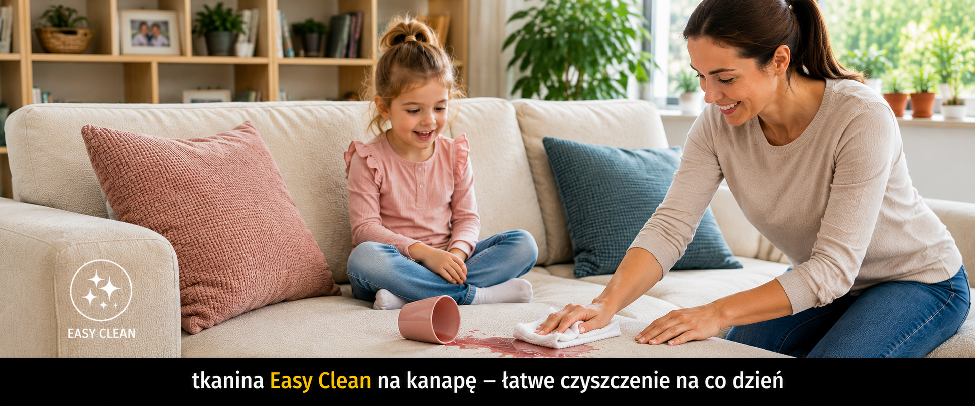 Tkanina Easy Clean na kanapę – jasna sofa w rodzinnym salonie, dziecko i szybkie czyszczenie rozlanego napoju z tapicerki.
